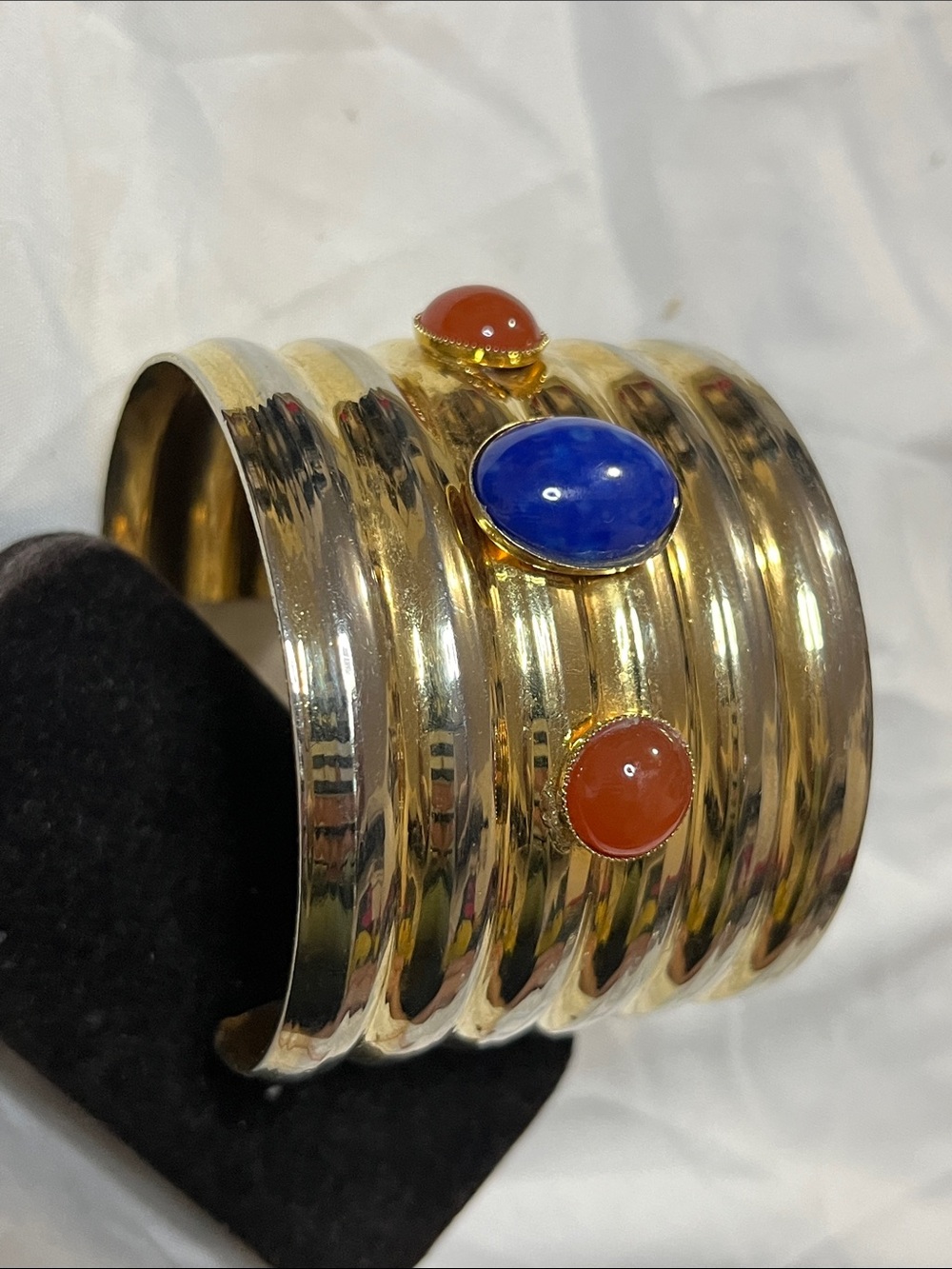 Vintage Gold Cuff Bracelet with Blue and Red-Orange Cabochons